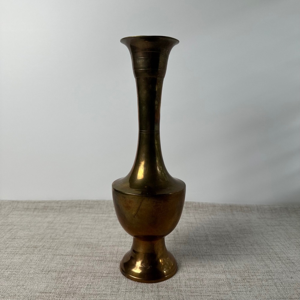 Vintage Brass Vase Made in India | Tall Indian Brass Pedestal Vase | Aged Patina